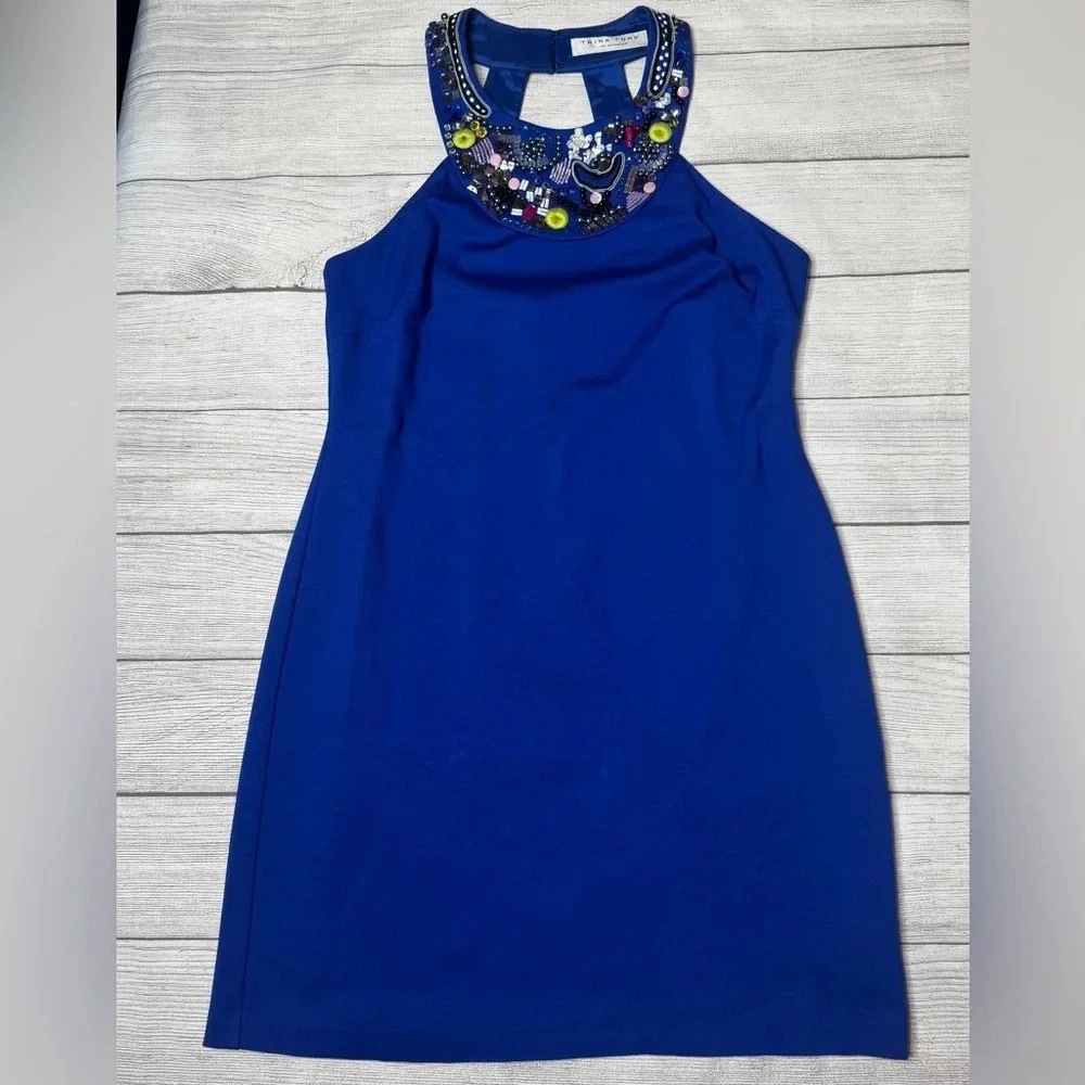 Trina Turk Royal Blue Beaded‎ Neck Embellished Sheath Dress Size 10?